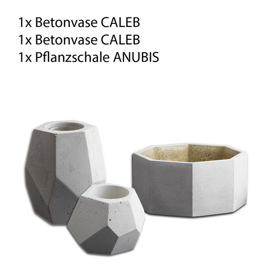 Blumentöpfe Set aus Beton. Vase, Planzschale und kleiner Übertopf.