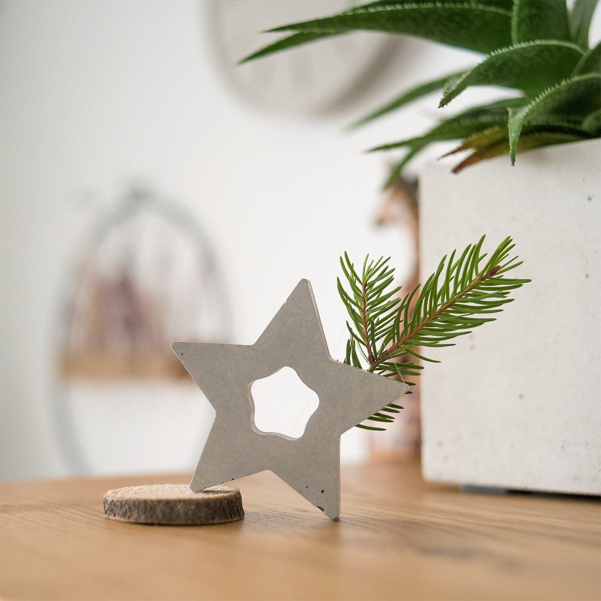 grauer Betonstern als Aufsteller für Weihnachten mit Tannenzweig und Holzscheibe dekoriert.